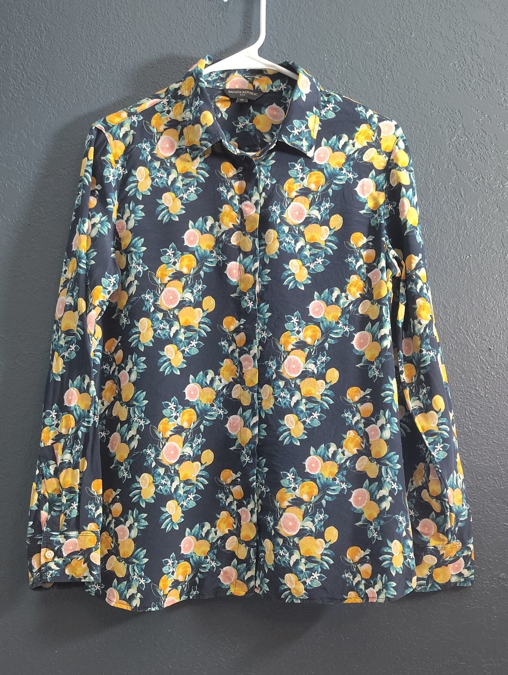Banana Republic Silk Citrus Fruit Navy Floral Button-Down Blouse